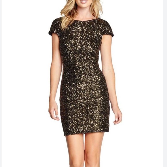 Dress The Population Size XS Tabitha Antique Black Gold Sequin Mini Dress Party - Picture 1 of 6